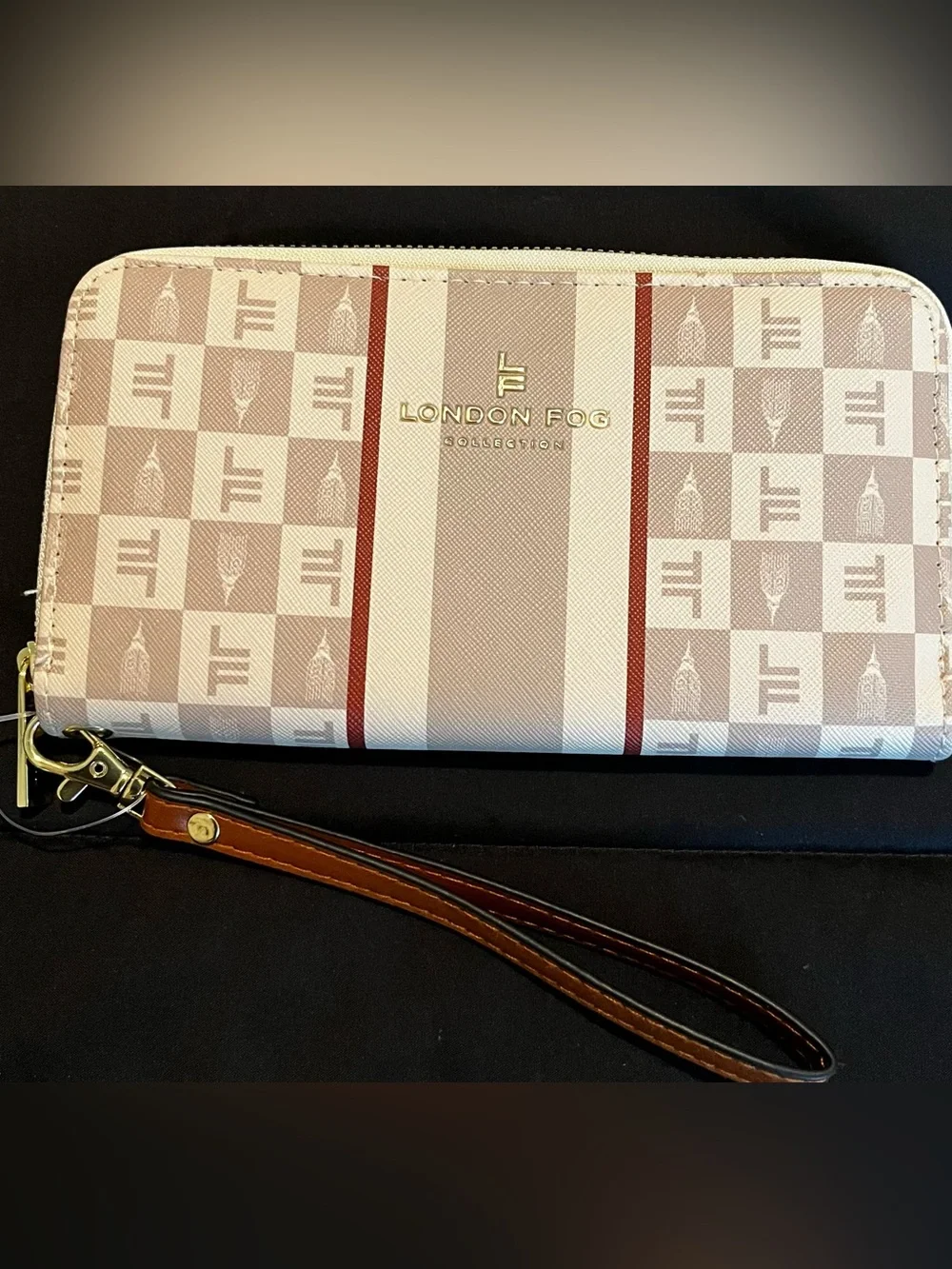 London Fog Beige & Red Stripe Logo Zip Wallet Wristlet